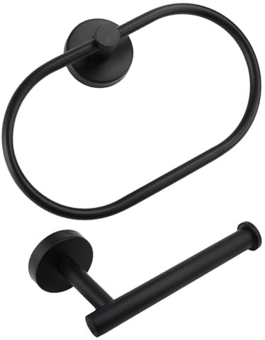 Black Towel Holder 2 Set - Towel Ring & Toilet Roll Holder Wall Mounted 09-0208