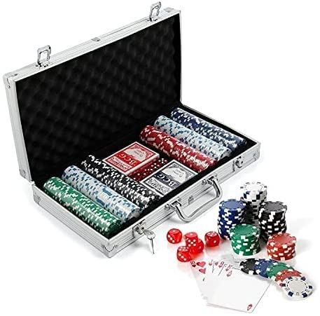 Pokerkoffer Komplettes Poker-Set, Casino Pokerchips mit Aluminiumgehäuse mit 300 Chips + 2 Kartenspiele + 5 Würfel