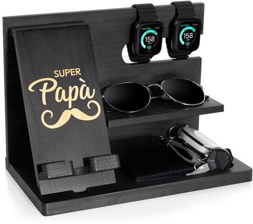 AliveByte Docking Station in Legno per Smartphone Uomo - Organizer da Notte con Supporto per Portafoglio e Orologio - Idea Regalo per Papà, Compleanno, Anniversario e Feste del Papà