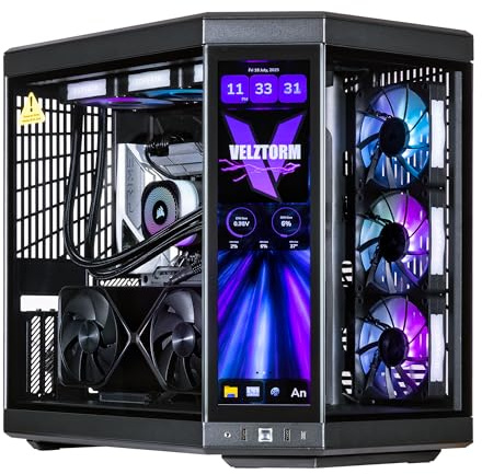 Velztorm LCD Black Praetix Custom Built Y70 Touch Gaming Desktop PC (GeForce RTX 5080 16GB (>4090), Liquid Cooled Intel i9-14900K, 64GB DDR5, 2TB PCIe SSD+6TB HDD, 1000W PSU, WiFi 6E, Win11Home)