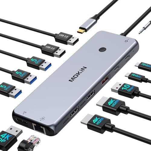 USB C Docking Station Dual Monitor 13 in 1 Triple Display Dock, Laptop Docking Station with 2 HDMI, DP, Multiport Adapter with 100W PD, 6 USB Ports, Ethernet, Audio, USB C Dongle for MacBook/Dell/HP