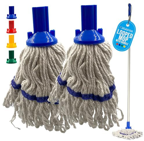 Commercial Mops for Cleaning Floors with Mop Handle - Looped Cotton Mop Heads with Absorbent Yarn, 120cm Heavy Duty Aluminium Handle, Floor Color Coded Hygiene Cleaning Head Pack of 2 - Blue