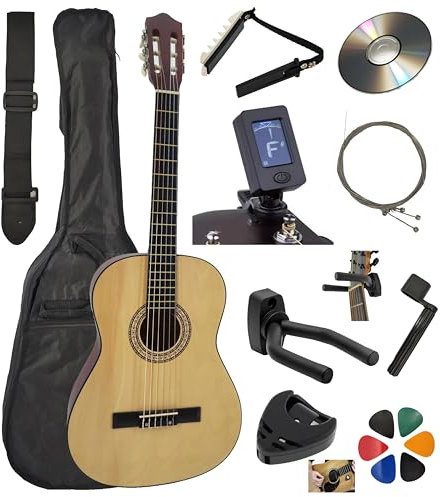 AMROVA Pack Guitare Classique 4/4 (Adulte) 10 Accessoires Cour Vidéo et CD (Naturel, 4/4, Droit)