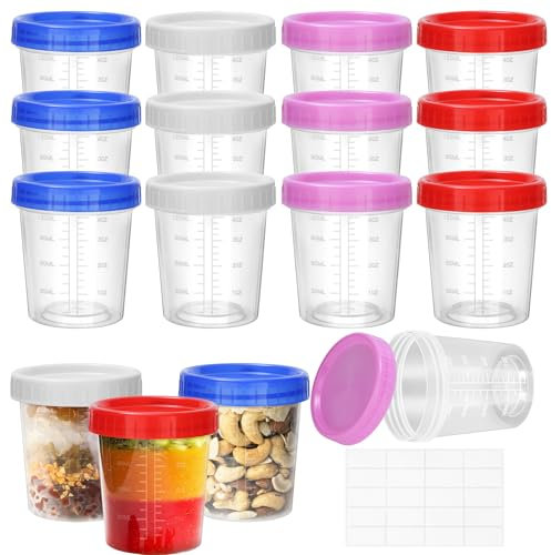 Lot de 16 Boîtes de Conservation 120 ml en Plastique avec Couvercle, Graduation et Étiquettes Autocollantes pour Sauces, Yaourts, Fruits