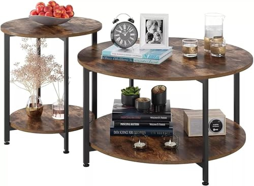 Clevich 2X Vintage Beistelltisch Set – Couchtisch & Kaffeetisch aus Holz & Eisen | Wohnzimmer Sofatisch |110 * 80 * 55cm | Stabiles Design