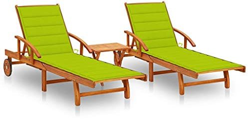 Utiny Akazienholz Massiv Sonnenliege mit Tisch Auflage 2 Rädern Gartenliege Liege Holzliege Strandliege Gartenmöbel Liegestuhl Relaxliege Knallgrün(2 Sonnenliegen mit Tisch)
