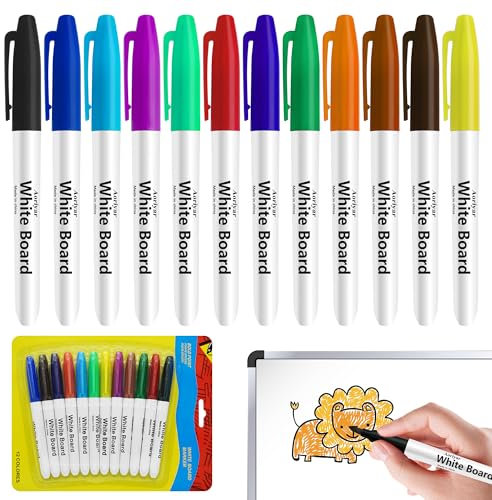 Aoriyar Whiteboard Pens Board Fine Erasable - 12Pcs Coloured Dry White Board Pen Wipe Fine Tip Kids Wipeable Markers Erase Low Odour Thin Nib Drywipe Markers for School Teacher Office Home