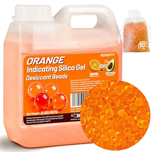 REHOUPTY Orange Silica Desiccant Beads 2LBS, Reusable Indicating Silica Gel Beads, 3-5mm Desiccant Dehumidifier Beads for 3D Filament, Electronic Devices, Camera, Jewelry (10 Organza Bags Included)