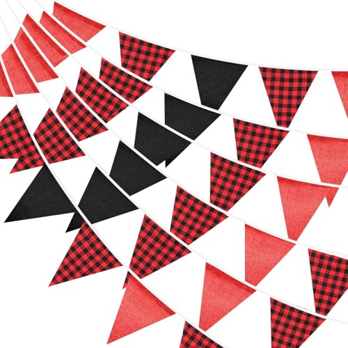 G2PLUS 10m Guirlanda Banderines Rojos y Negro,Banderines de Algodón y Lino | 36 Banderas Bunting Reutilizable para Halloween, Mercado Navideño, Fiestas Familiares y Pícnics