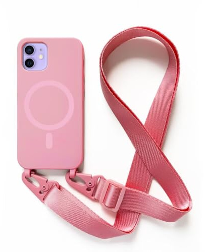 2NSPDRGNI Carga Inalámbrica Funda con Cuerda Compatible con iPhone 12/12 Pro,Ajustable Colgante Collar Correa de Cuello Cadena Cordón Case,Pink