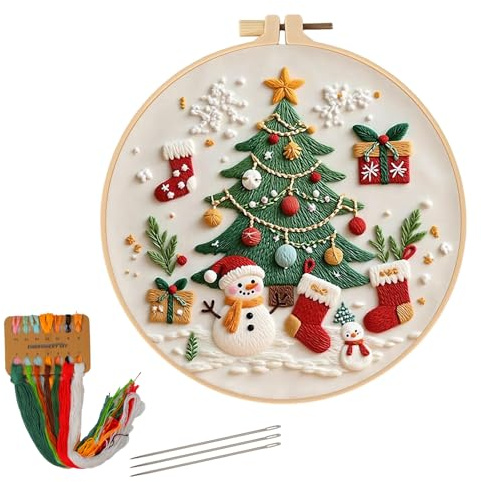 anyts Stickset Sticken Set Erwachsene Weihnachten Stickset für Anfänger, Sticken Embroidery Kit DIY Stickrahmen Stickbilder, Kreuzstich Weihnachten Deko Durchmesser 20 cm (Weihnachts-Schneemann)