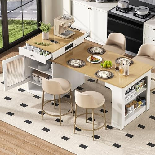 Gxffipw Bartisch Kücheninsel Höhe 92 cm mit Ausziehbarer Esstisch und Rollen, Küchenschrank Sideboard mit Stauraum, Buffetschrank Bistrotisch Barschrank für Küche und Esszimmer, Weiß