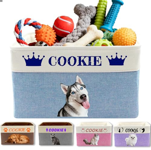 Xsersao Personalisierter Haustier-Spielzeugkorb, individueller Aufbewahrungs-Organizer für Hundespielzeug, Organizer mit Griffen, personalisierbarer Hundekorb, Box mit Namen, Foto-Symbol für Hunde und
