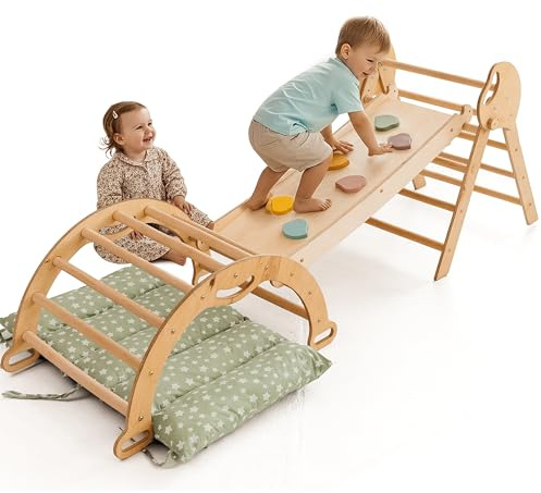 Goodevas 5-in-1 Montessori Klettergerüst Set: Indoor Kletterdreieck, Kletterbogen mit Kissen, und Rutsche für Kinder, Indoor Spielplatz 1-3 Jahre