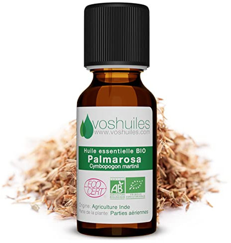 Voshuiles - Huile Essentielle Palmarosa Bio 20ml - Parfum Doux Frais et Floral - Huiles Essentielles de Qualité - 100% Pure et Naturelle - HEBBD et Certifiée ECOCERT