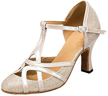 MGM-Joymod Donna T-Starp Glitter Sintetico Matrimonio Tango Salsa Scarpe Danza Latina Moderna, Champagne 8cm Tacco, 39.5 EU