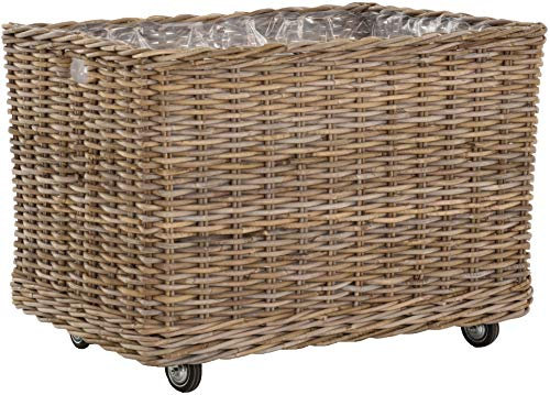 Großer Pflanzkorb Rattan grau XXL Pflanzkübel Blumentopf mit Rollen Rollkorb Rattankorb (Grau Natur, Rechteckig)