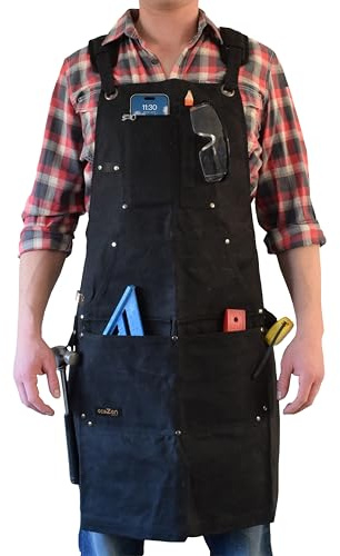 ecoZen Waxed Canvas Welding Apron with Kevlar Thread - Heat and Chemical Resistant, Fully Adjustable to Comfortably Fit Men and Women, 27 x 34 inches, Heavy Duty Tool Apron - Black, Size S to XXL