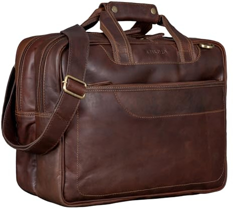 STILORD Astor Große Lehrertasche Leder für Herren Damen Vintage Aktentasche XL Businesstasche Umhängetasche für breite A4 Ordner Laptop Trolley Aufsteckbar Farbe:Cognac - Dunkelbraun