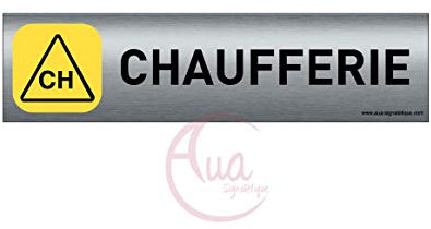 AUA SIGNALETIQUE - Plaque de porte Aluminium brossé imprimé AluSign - 200x50 mm - Double Face adhésif au dos (chaufferie)