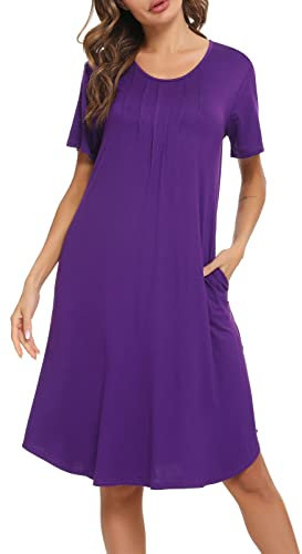 Vlazom Chemise de Nuit Femme Doux T Shirt de Nuit Manche Courte Col V Robe de Nuit,S,Violet