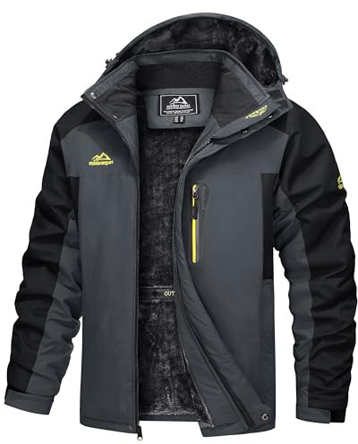 TACVASEN Herren Warme Skijacke Gefütterte Winterjacke Wasserabweisende mit Abnehmbarer Kapuzen (L, Dunkelgrau)