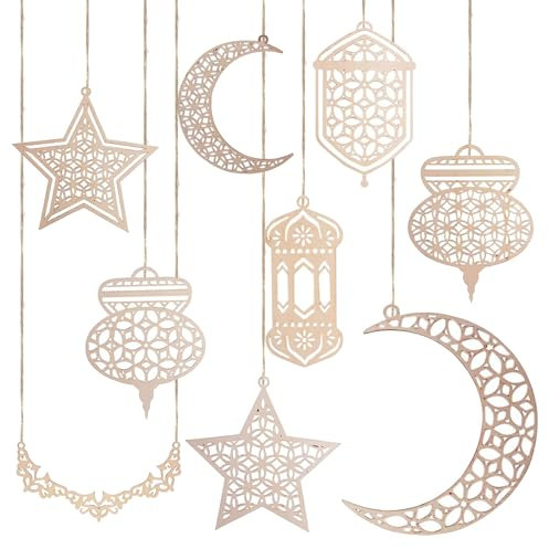 Mecctuck 9 Stück Ramadan Deko, Ramadan Dekoration, Ornament Holz Anhänger, Ramadan Mubarak Dekoration, Eid Mubarak Dekoration, Islamische Deko, Mond Stern Anhänger für Ramadan Mubarak Eid Party Deko