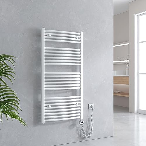 EMKE Handtuchheizkörper Elektrisch 1200 x 600 mm, Gebogen Badheizkörper Elektrisch mit Thermostat, Handtuchtrockner Handtuchwärmer mit Timer Weiß 600W