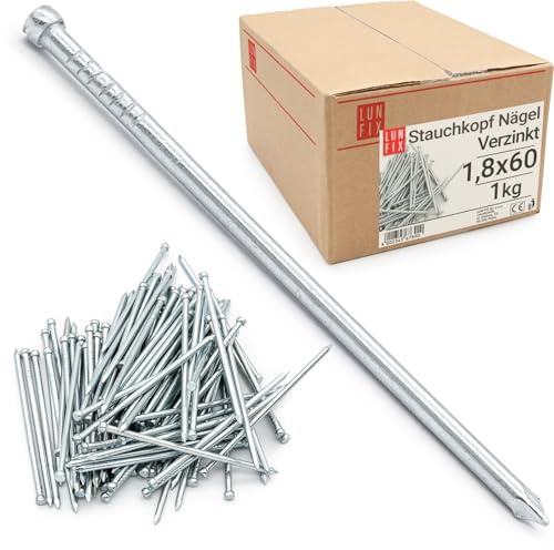 LUN FIX Drahtstifte 1,8x60 mm (2.4) Stauchkopfnägel 1kg ca. 830 Stk | Stahl verzinkt, silber, Stahlnägel Stahlstifte kleine Nägel für Holz, Sockelleisten Nägel, Möbelbau, Bilderrahmen