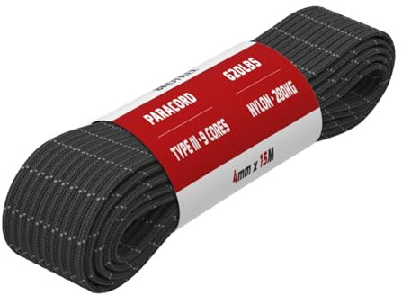 Brotree Paracorde 4mm 9 Brins Corde en 100% Nylon (15m, 30m, 50m) Type III Corde Parachute pour Survie, Extérieur, Bricolage - 280kg Charge de Rupture (Réfléchissant Noir, 15m)