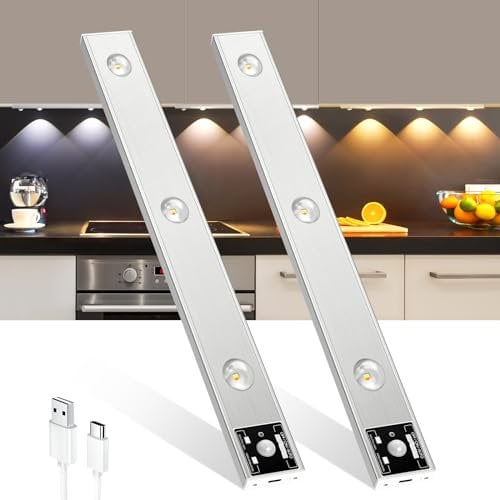 Tailcas Under Cupboard Kitchen Lights, 2 Pack 2000mAh USB-C Rechargeable Motion Sensor Under Cabinet Kitchen Lights, 3 Colors Dimmable Under Cabinet Lights, 40cm Wireless Magnetic LED Closet Lights
