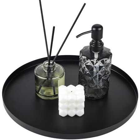 EXLECO Rund Deko Tablett Schwarz Servierplatte Dekotablett Edelstahl Serviertablett Kerzentablett Ablageschale Metall Tablett Bad Schmuck Organizer Buffet Teller für Kosmetik Dessert Kerzen 32cm