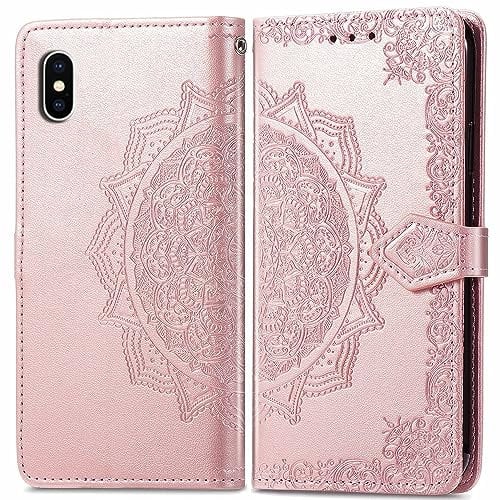 BIIULHCI Phone Case for iPhone X/XS,Premium Leather Wallet Full Cover with Card Slots and Kickstand,Flip Protective Case for iPhone X/XS Pink