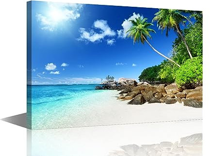 Bathroom Decor Wall Art Ocean Beach Palm, Poster Print on Canvas Sunset Sea Tree Landscape Wall Decorations for Living Room, Office, Bathroom and Ready to Hang (36W x 24H)