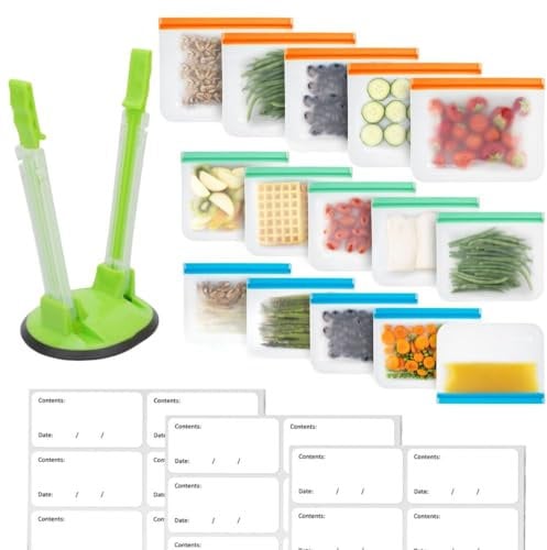 MHSEcoFriendly® Meal Prep Storage Kit – 15 Reusable, Degradable Leakproof Freezer Bags, Baggy Rack & 20 Strong Labels | BPA-Free, Multipurpose Food Storage Solution