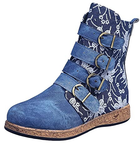 Stivali in denim da donna, scarpe da donna con stampa floreale, stivali jeans da donna con fibbia con suola spessa, stivaletti da donna con ricamo a metà polpaccio, stivaletti alla caviglia con punta