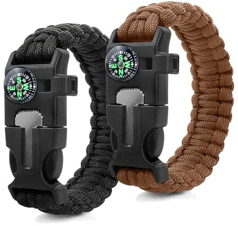 ZSMJAER 2 Stück Set Survival Armband,Multifunktion Paracord Armband Überlebensarmband,Pfeife,Feuerstein,Kompass,zum Outdoor-Aktivitäten (Braun)