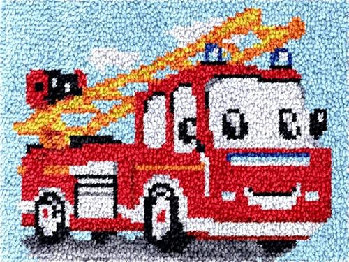 Knüpfhaken-Kits Teppich DIY Feuerwehrauto Design Kissen Tapisserie Herstellung Häkeln Farbe gedruckt Knüpfhaken Teppich Kissen Matte Tapisserie Handarbeit Kits für Wohnkultur 52 x 38 cm