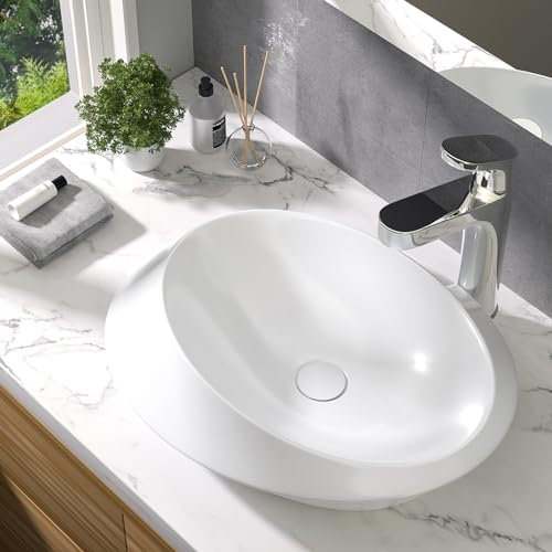 EMKE Waschbecken Aufsatzwaschbecken, Oval Handwaschbecken für Badezimmer & Gäste WC 60 x 45 x 15 cm, Klein Waschbecken Bad Waschschale Keramikwaschbecken Waschschalen Waschtisch Weiß