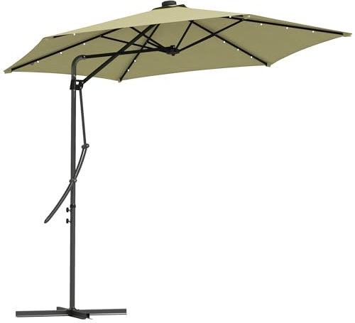 Outsunny 3(m) Cantilever Parasol with Solar LED and Easy Lever, Garden Parasol Umbrella with Cross Base and Waterproof Cover, Outdoor Sun Shades, Beige