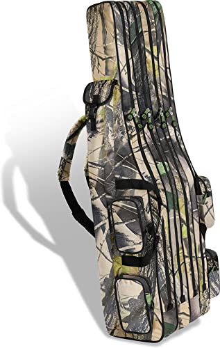 Rutentasche Rod Case Angelkoffer Futteral mit 2, 3 oder 4 Ruten-Fächern, Verschiedene Längen wählbar - stark wasserabweisender Fishing Rucksack Farbe Grün-Tarnfarbe 4 Innenfächer Größe 125 cm