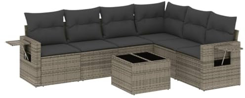 vidaXL Garten Sofagarnitur mit Kissen 7-TLG., Gartenmöbel Gartengarnitur, Sitzgruppe Sitzgarnitur, Lounge Sofa Garnitur Terrasse, Grau Poly Rattan