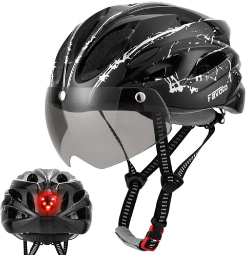 Favoto Fahrradhelm Herren mit Licht - Damenhelm Fahrradhelm Leichtgewicht Atmungsaktiv mit Brille Rücklicht Herausnehmbares Innenfutter EPS In-Mould-Technologie 57-61 cm Verstellbar Schwarz-Weiß