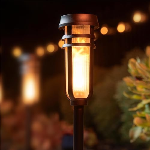FoxFlame Metal Solar Torch Lights-Adjustable Height (24- 0), Outdoor Garden Decor with Patented LED, Waterproof Solar Tiki Torches for Yard,Patio,Garden Pathway,Matte Black–1 Pack