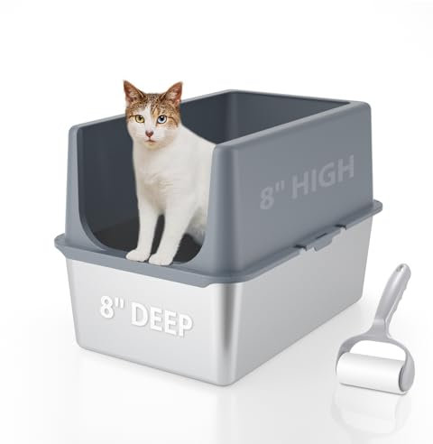 LIHOOOOM Katzenklo Edelstahl mit Deckel, Katzentoilette xxl, Katzenklo xxl Große Katzen, 40,5 cm Katzenklo Hohem Rand, Katzenklo Offene, Extra Große Katzentoilette mit Grauem Deckel, Leichtes Reinigen