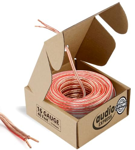 Audio Express 40ft 16-Gauge Stereo Speaker Wire, 12.19m, 2 Conductor, Polarity Marked, Clear PVC, CCA, Coil in Box, HiFi, Home Theater, HiFi, Surround, Car Audio, 74 High Strand Count (.15 OD)