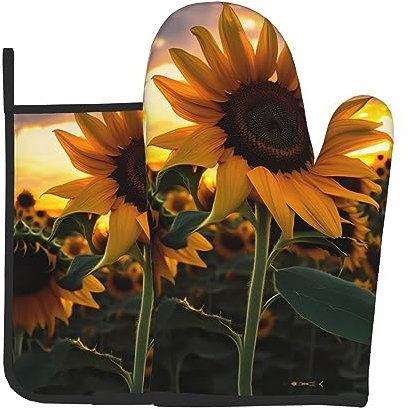 YYHWHJDE Set di 2 guanti da forno e presine stampati con girasole agricolo, utilizzati per aprire i coperchi delle pentole in cucina e per trasportare piatti dal forno a microonde