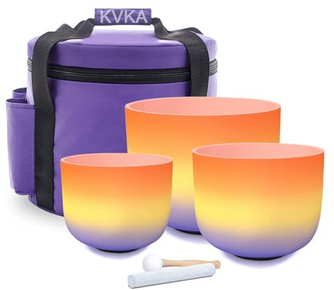 KVKA 432HZ Set of 3 PCS Frosted Quartz Crystal Singing Bowls 8B+10F+12C with Travel Carry Case Bag for Sound Healing and Therapy Meditation —— Orange Yellow Purple Colored