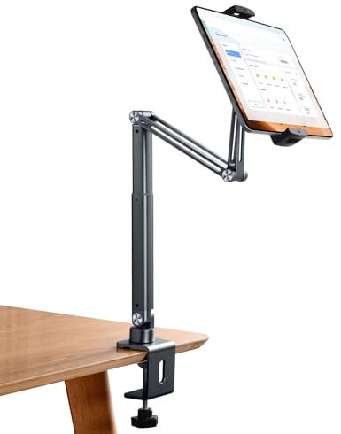 nediea Tablet Stand Holder for Bed, 360°Rotation Adjustable Tablet Stand With Clamp Mount for Desk, Foldable Telescopic Arm Aluminum Tablet Holder Compatible With 4-12.9 Inches Devices (Gray)