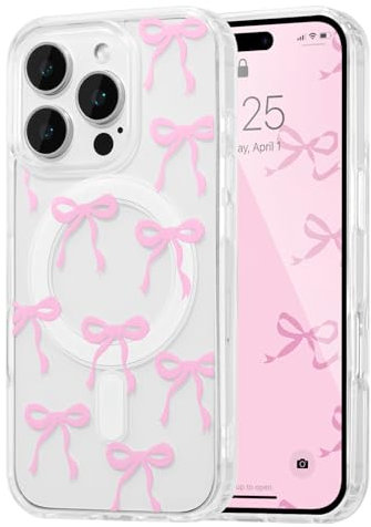 UEEBAI Magnetisch Hülle für iPhone 12 Pro Max, Niedliche Silikon Tansparent Handyhülle mit Schleife Schutzhülle mit Kabelloses Laden, Weiche Bumper Cover Case für Frauen Mädchen, Rosa